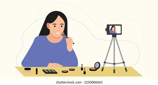 A beauty blogger records a makeup video for his video blog. A woman talks about hair, skin, fashion, shows cosmetics in front of the camera. Flat vector illustration of a video blogger on a white back