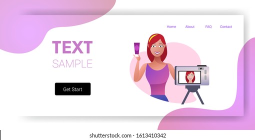 beauty blogger showing cream bottle tube cosmetic products woman recording online video with camera on tripod live streaming social media blogging concept portrait horizontal copy space vector