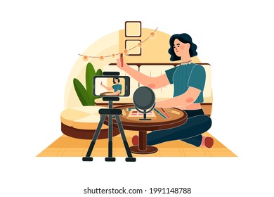 A beauty blogger showing and teaching how to do makeup with lipstick and mirror Illustration concept. Flat illustration isolated on white background.