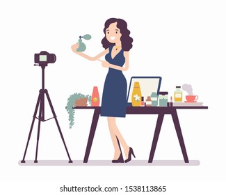 Beauty blogger streaming. Black woman reviewing cosmetics content for blog, website, talking about hair, makeup, skincare and fashion, posting marketing videos. Vector flat style cartoon illustration