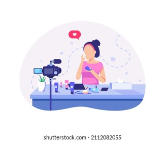 Beauty blogger streaming concept illustration. Beauty blogger recording makeup tutorial video for her vlog. Vector illustration in a flat style