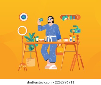 Beauty blogger streaming girl reviewing cosmetics content for personal blog, website, talking about makeup, skincare, fashion, posting marketing videos influencer famous