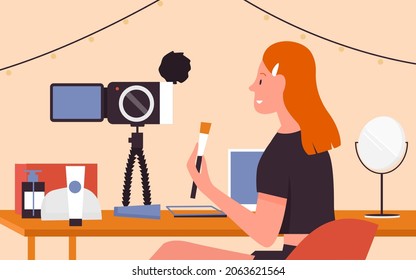 Beauty blogger streaming to online video blog or vlog vector illustration. Cartoon vlogger woman character making live digital content about fashion, makeup tutorial in social media background