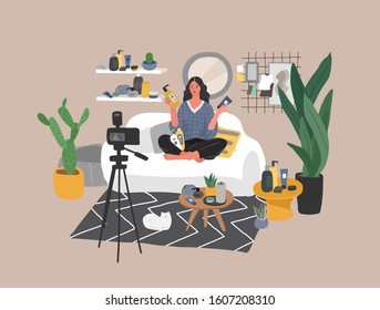 Beauty blogger streaming. Woman review cosmetics sit in scandinavian home and creating content for blog or live broadcasting. Makeup, skincare, fashion tutorial. Blogging or vlogging. Cartoon vector