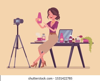 Beauty blogger streaming. Woman reviewing cosmetics content for personal blog, website, talking about hair, makeup, skincare, fashion, posting marketing videos. Vector flat style cartoon illustration