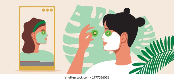 Beauty blogger teaching video tutorial. Flat vector stock illustration. How to do it: skin care. Video tutorial on social media. Blog on the phone. Review of cosmetics. The blogger teaches
