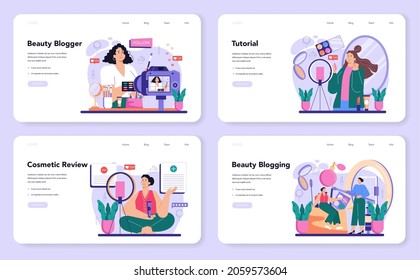 Beauty blogger web banner or landing page set. Internet celebrity in social network. Popular female video blogger doing makeup tutorials and reviews. Flat vector illustration