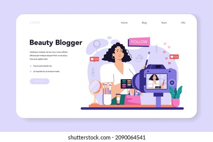 Beauty blogger web banner or landing page. Internet celebrity in social network. Popular female video blogger doing makeup tutorials and reviews. Flat vector illustration
