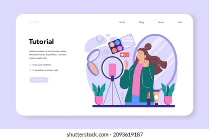 Beauty blogger web banner or landing page. Internet celebrity in social network. Popular female video blogger doing makeup tutorials and reviews. Flat vector illustration
