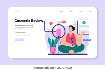 Beauty blogger web banner or landing page. Internet celebrity in social network. Popular female video blogger doing makeup tutorials and reviews. Flat vector illustration