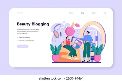 Beauty blogger web banner or landing page. Internet celebrity in social network. Popular female video blogger doing makeup tutorials and reviews. Flat vector illustration