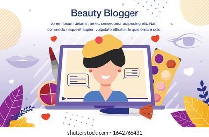 Beauty Blogger Web Page, Social Network Profile of Channel on Video Hosting Banner, Poster. Woman Conducting Makeup Seminar, Making Workshop Online, Promoting Cosmetics Trendy Flat Vector Illustration