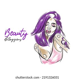 Beauty bloggers, beautiful tattooed girl, doodle style watercolor illustration