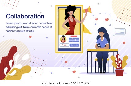 Beauty Bloggers Collaboration Banner, Poster Template. Popular Woman Blogger Supporting and Helping Beginner to Engage Audience, Increase The Number of Subscribers Trendy Flat Vector Illustration