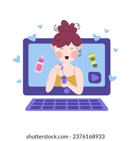Beauty blogging concept. Makeup tutorial video and cosmetics review. Vector cartoon flat illustration. 