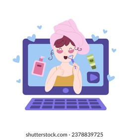 Beauty blogging concept. Makeup tutorial video and cosmetics review. Vector cartoon flat illustration. 