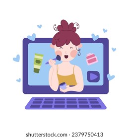 Beauty blogging concept. Makeup tutorial video and cosmetics review. Vector cartoon flat illustration. 