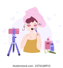 Beauty blogging concept. Recording makeup tutorial video and cosmetics review. Vector cartoon flat illustration. 