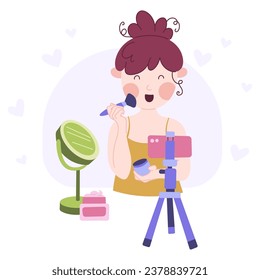 Beauty blogging concept. Recording makeup tutorial video and cosmetics review. Vector cartoon flat illustration. 