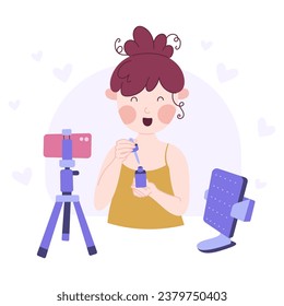Beauty blogging concept. Recording makeup tutorial video and cosmetics review. Vector cartoon flat illustration. 