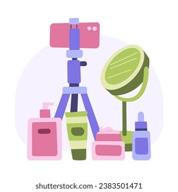 Beauty blogging concept. Set of objects for cosmetics review videos and makeup tutorials. Vector cartoon flat illustrations. 