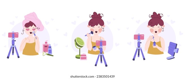 Beauty blogging concepts collection. Recording makeup tutorial video and cosmetics review. Set of vector cartoon flat illustrations. 