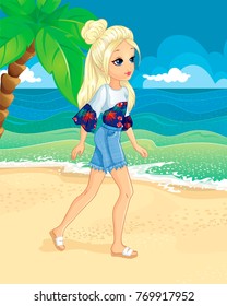 Beauty blond girl walking along the beach in summer