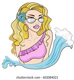 Beauty blonde girl with sunglasses in pink swimsuit for your summer design