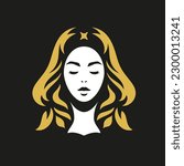 Beauty blonde woman with star on golden hair abstract minimalist portrait logo for cosmetic vector flat illustration. Fashion spiritual female head silhouette on black background icon skin care brand