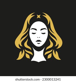 Beauty blonde woman with star on golden hair abstract minimalist portrait logo for cosmetic vector flat illustration. Fashion spiritual female head silhouette on black background icon skin care brand