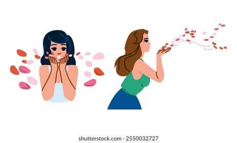 beauty blow flower petals woman  vector.  grace elegance, feminine delicate, floral serenity beauty blow flower petals woman character. people flat cartoon illustration