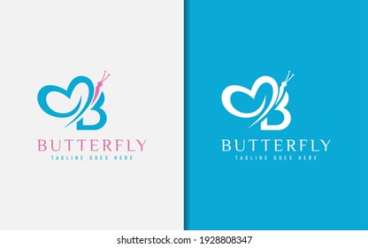 Beauty Blue and Pink Butterfly Combined with Abstract Initial Letter B Logo Design. Vector Logo Illustration.