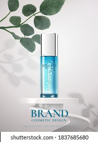 Beauty Blue Product Bottle On A White Swirl Stage In 3d Illustration. Cosmetic Product Ad Poster Over White Background With Plants