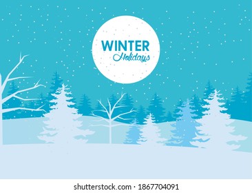 beauty blue winter landscape scene and lettering in circular frame vector illustration design