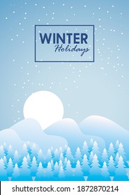 beauty blue winter landscape snow storm and forest scene vector illustration design