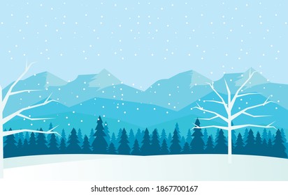 beauty blue winter landscape with trees and mountains scene vector illustration design