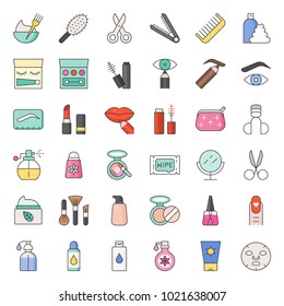 Beauty, body cares products and cosmetics icon set, thin line