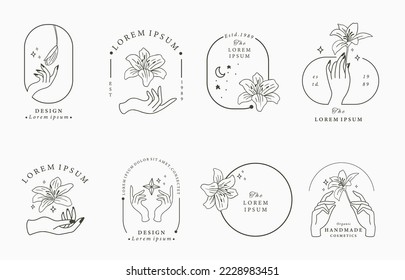 Beauty boho icon collection with hand, lily.Vector illustration for icon,sticker,printable and tattoo