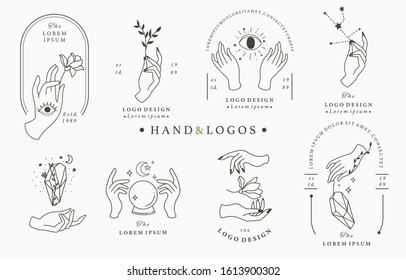 Beauty boho logo collection with hand, rose,crystal,moon,eye,star.Vector illustration for icon,logo,sticker,printable and tattoo