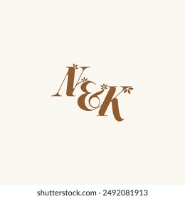 Logo de la hoja del monograma de la belleza atrevida orgánica y concepto de la naturaleza NK carta de boda inicial