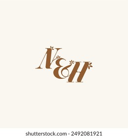 Logo de la hoja del monograma de la belleza atrevida orgánica y concepto de la naturaleza NH carta de boda inicial