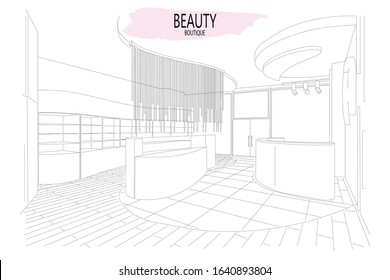 Beauty boutique interior outline sketch with modern design