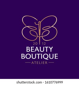 Beauty Boutique logo. Double B like a butterfly with needle and thread. Atelier emblem. Fashion icon.