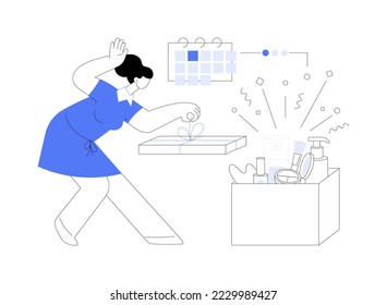 Ilustración vectorial de concepto abstracto de caja de belleza. Caja de suscripción, entrega de regalos mensuales, productos de belleza, selección de cosméticos personalizados, membresía, metáfora abstracta de cuidado de la piel y el pelo.