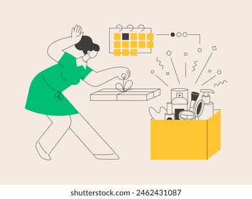 Beauty box abstract concept vector illustration. Subscription box, monthly gift delivery, beauty products, personalised cosmetics selection, membership, skin and hair care abstract metaphor.
