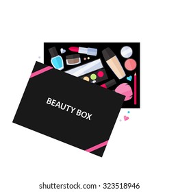 Beauty box cosmetics service vector illustration. Make up beauty accessories design.