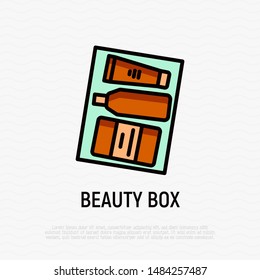 Beauty box thin line icon: cream, soap, spray. Cosmetic giftbox. Modern vector illustration.
