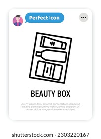 Beauty box thin line icon: cream, soap, spray. Cosmetic giftbox. Modern vector illustration.