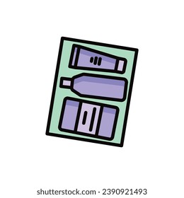Beauty box thin line icon: cream, soap, spray. Cosmetic giftbox. Modern vector illustration.