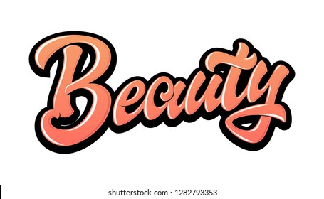 Beauty. Bright vector hand lettering word with black outline isolated on white background. Concept for logo, card, typography, poster, print. 